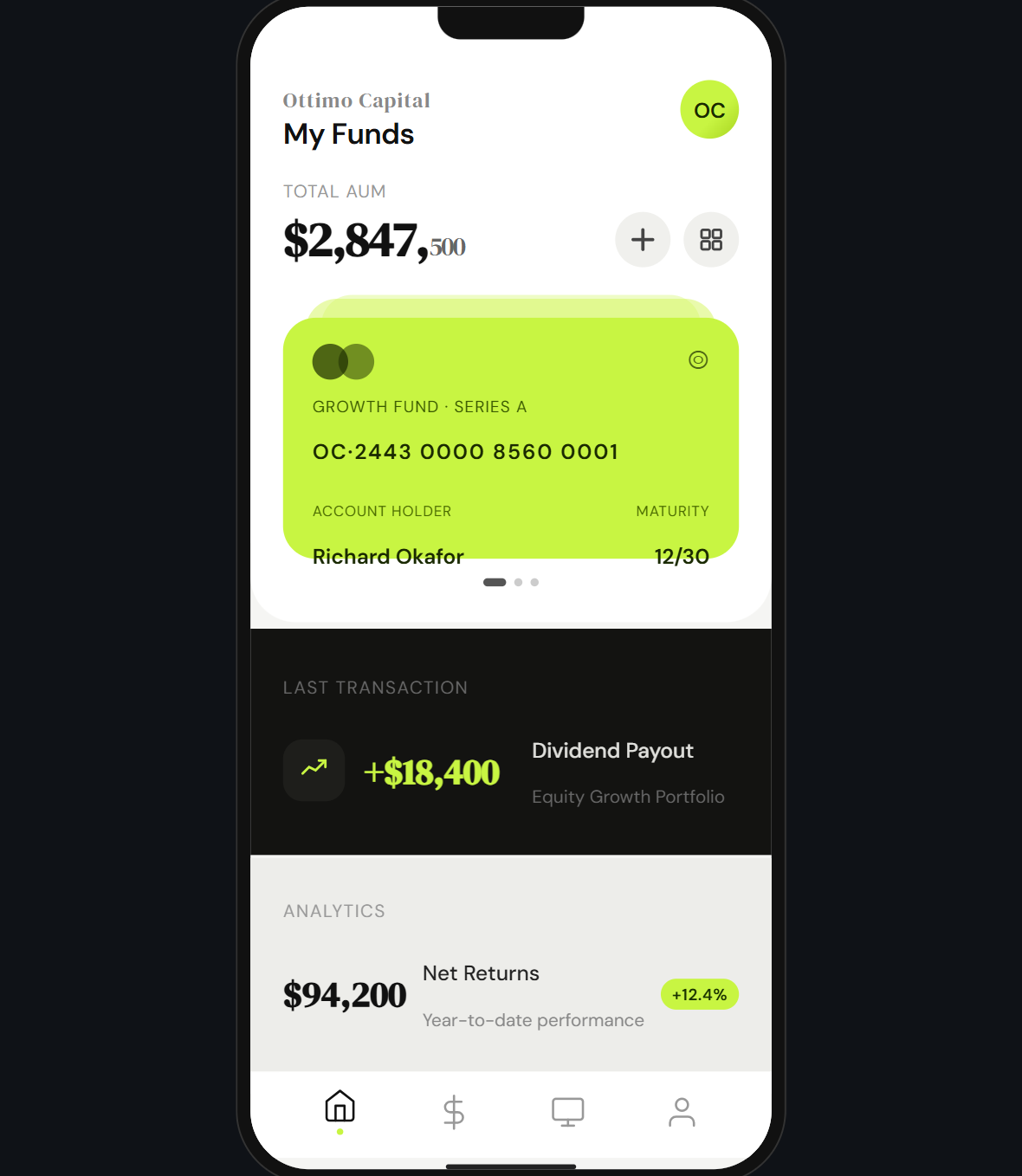 Investment management platform interface showing portfolio analytics